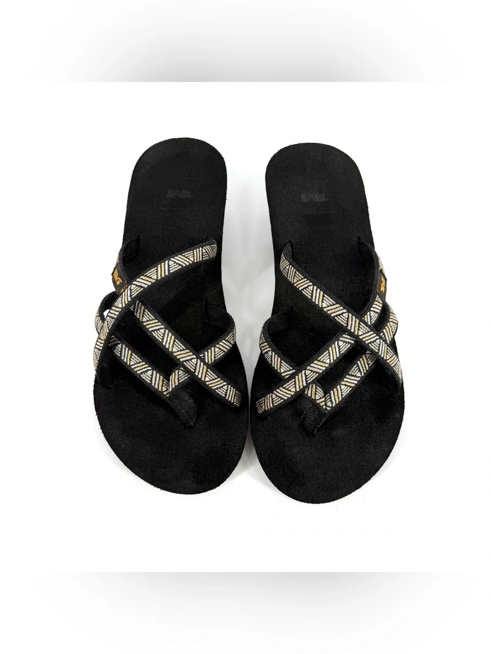 Teva Mush Mandlyn Wedge Sandals Womens Size 8 Black Gold Silver Flip Flops